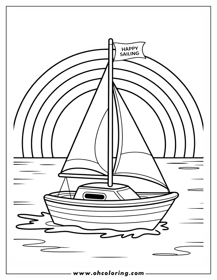 Outline of a sailboat sailing beneath a rainbow. The boat has a "Happy Sailing" flag.