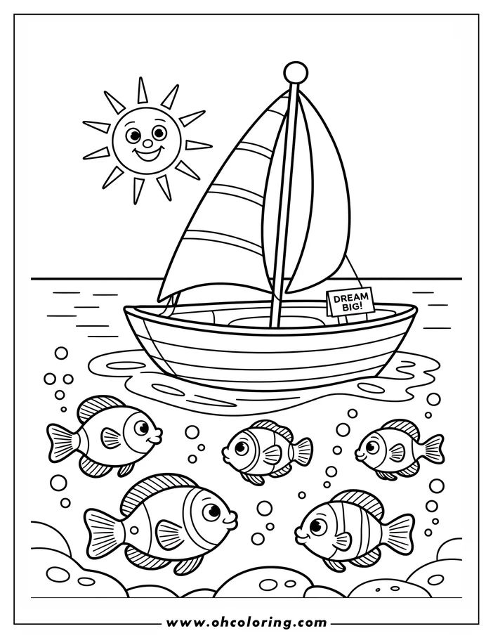 Line art of a sailboat on the water with fish swimming underneath. A sign on the boat says 'Dream Big!'