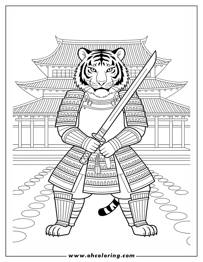 Line art of a tiger dressed as a samurai, holding a katana and standing before a Japanese-style building.
