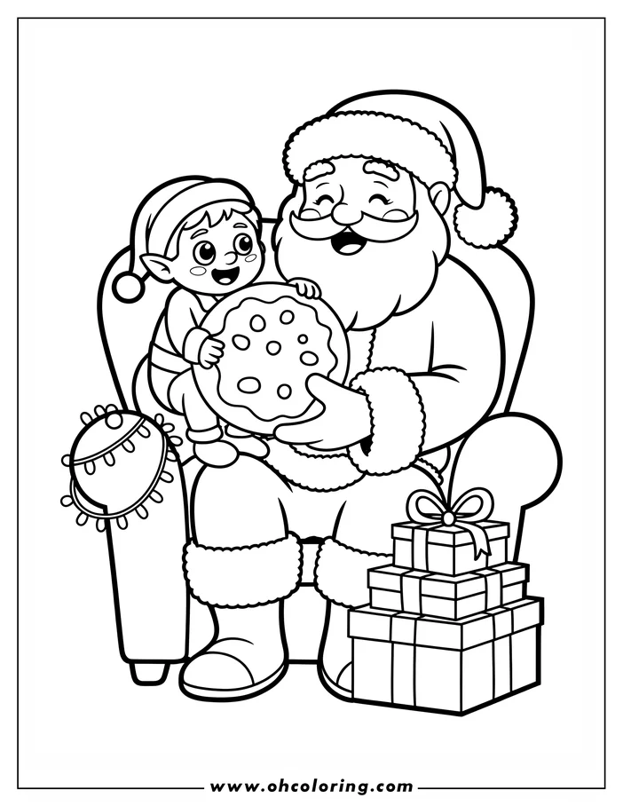 Line art of Santa Claus holding a cheerful elf and a large cookie in his lap. Wrapped Christmas gifts and an ornament are beside the chair.