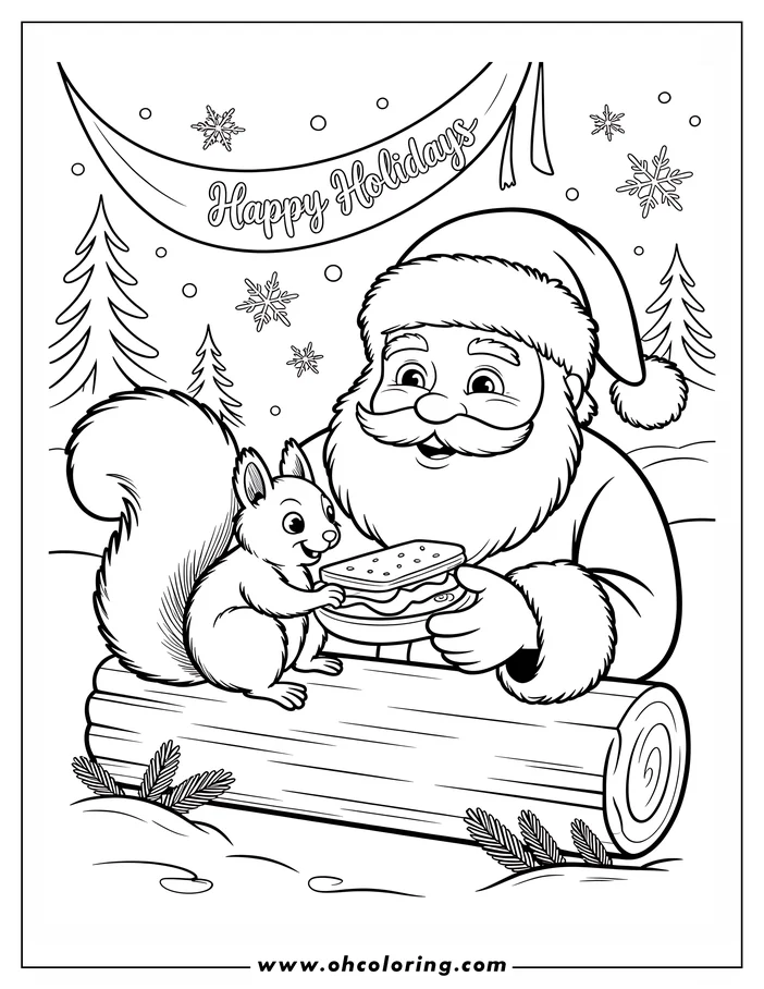 Santa Claus shares a sandwich with a friendly squirrel on a log in a snowy forest scene. A 'Happy Holidays' banner hangs above them.