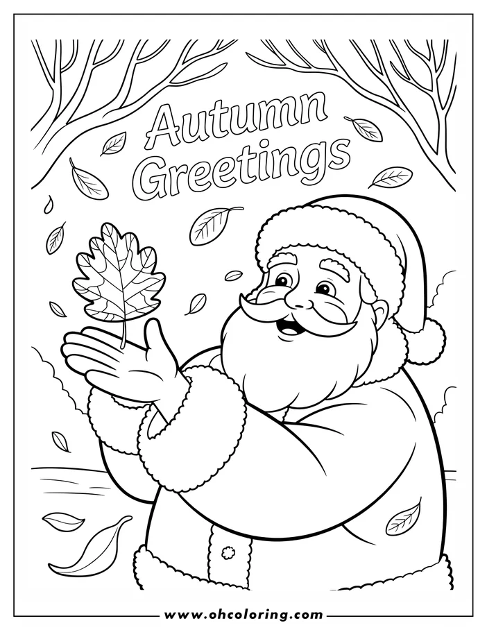 Santa Claus holding a falling autumn leaf with trees in the background.
