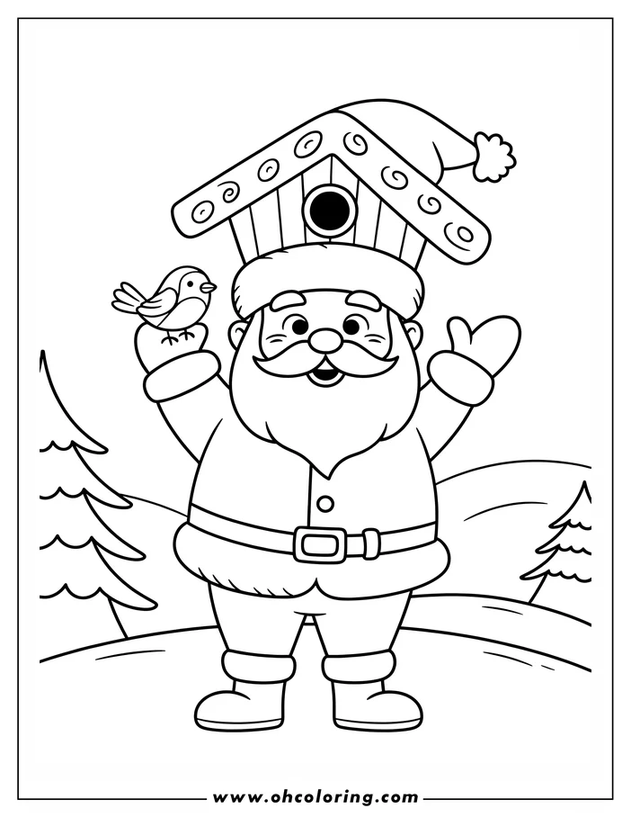 Santa Claus wearing a birdhouse hat, holding a small bird and waving, in a snowy landscape with trees.