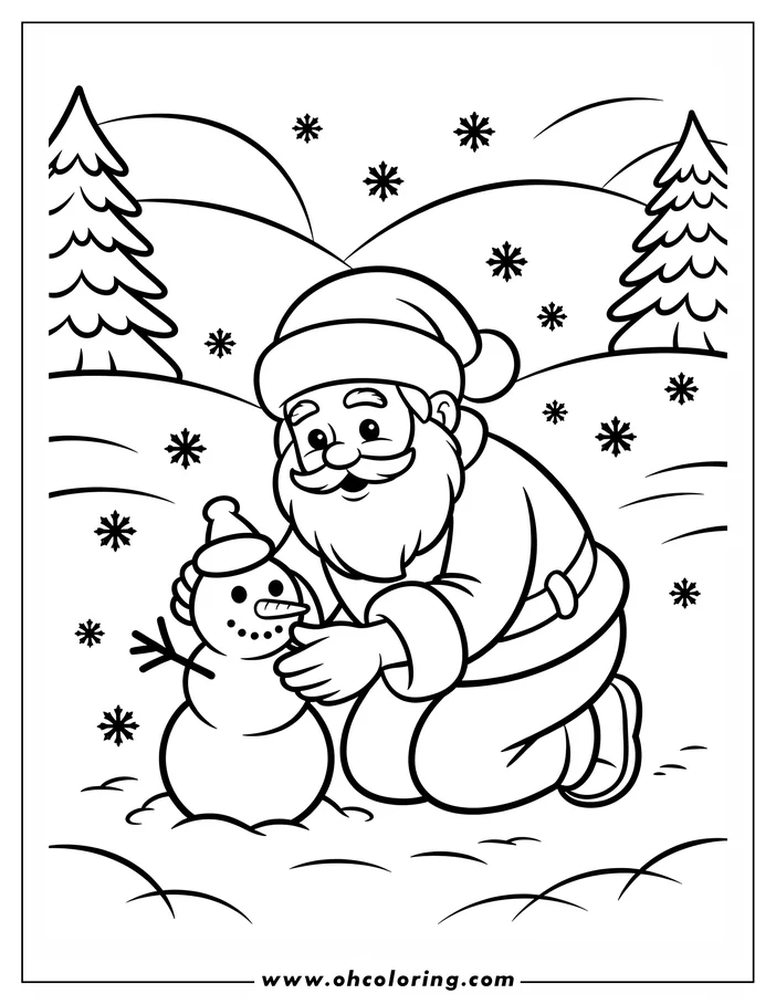 Santa Claus building a snowman in a snowy landscape.