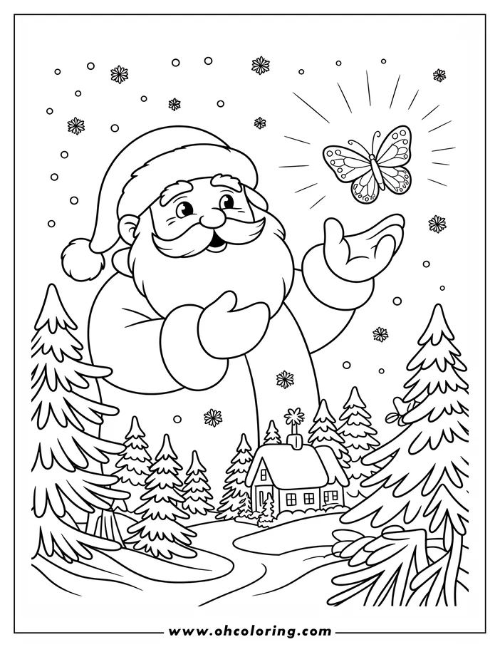 Line art of Santa Claus in a snowy forest with a butterfly.  A small house is visible in the background.