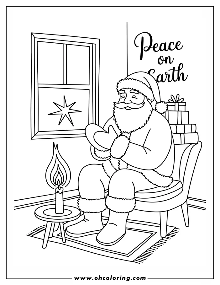 Santa Claus sitting by a fireplace with gifts, warming his hands. A lit candle is nearby, and a star shines through the window. The phrase 'Peace on Earth' is written on the wall.