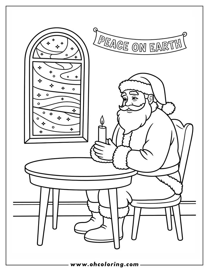Line art of Santa Claus sitting at a table holding a lit candle, with a 'Peace on Earth' banner and a starry night sky visible through a window behind him.
