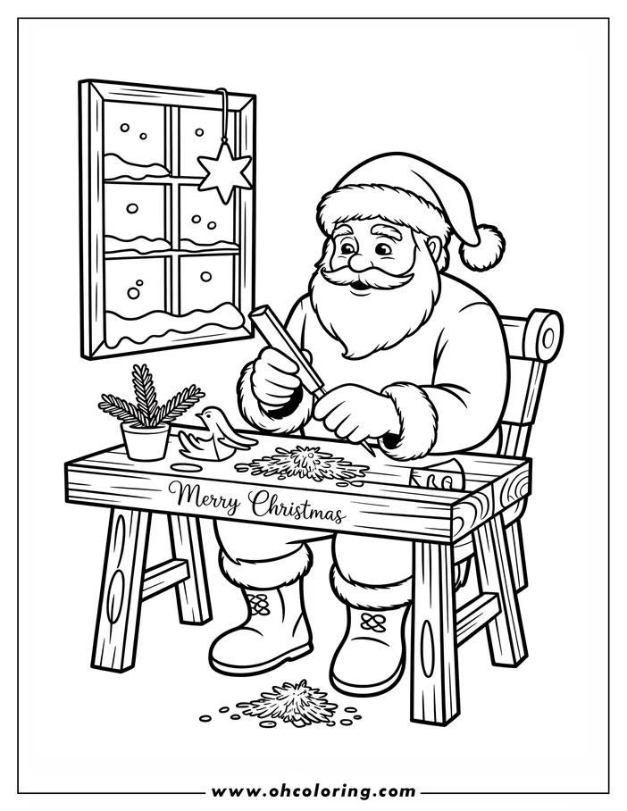 Line art of Santa Claus carving a piece of wood at his workbench, with a small Christmas tree and carved bird nearby. A snowy window is visible in the background.