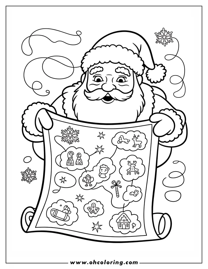 Line art of Santa Claus holding his Christmas list with thought bubbles of gifts floating above.