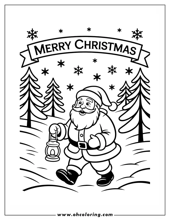 Santa Claus, carrying a lantern, walks through a snowy forest scene with pine trees and falling snowflakes.