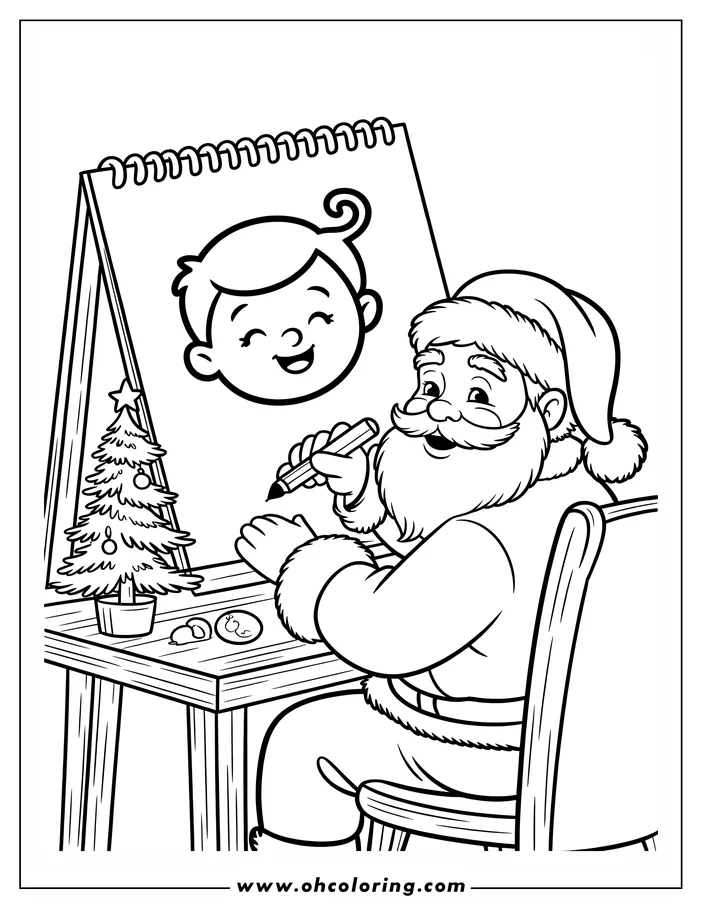 Santa Claus drawing a child's face on a sketch pad.  A decorated Christmas tree sits in a pot on the table beside him.