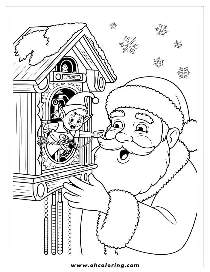 Line art of Santa Claus holding a cuckoo clock with an elf inside, ready to chime the time, against a snowy backdrop.