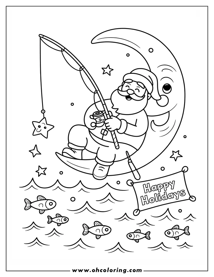 Santa Claus fishing from a crescent moon with a smiling star on his line.  Fish swim in the water below. A "Happy Holidays" sign hangs near Santa.