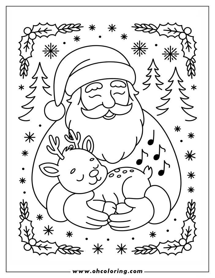 Line art of Santa Claus holding a reindeer. Music notes float near them, and a decorative border of holly, snowflakes, and Christmas trees surrounds the scene.