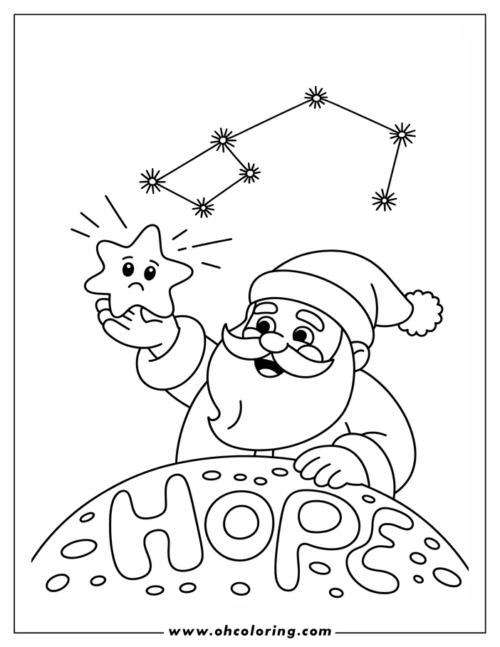 Line art of Santa Claus holding a star with a hopeful expression, with the word "HOPE" written below and a constellation above.