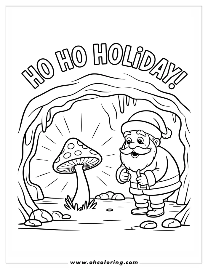 Line art of Santa Claus standing near a spotted mushroom under a rocky overhang.