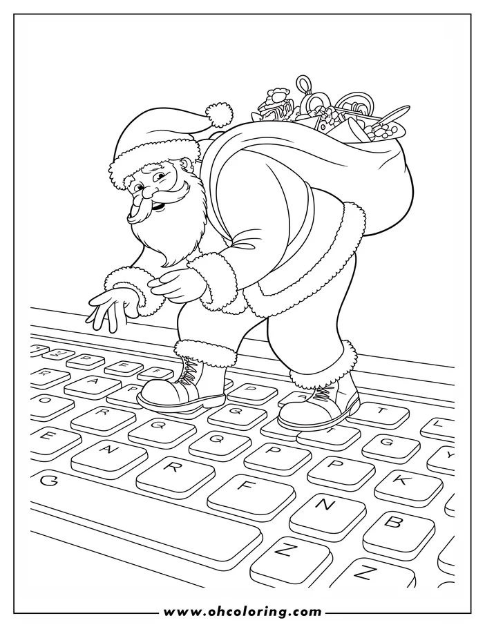Santa Claus with a sack of gifts stepping on a keyboard.