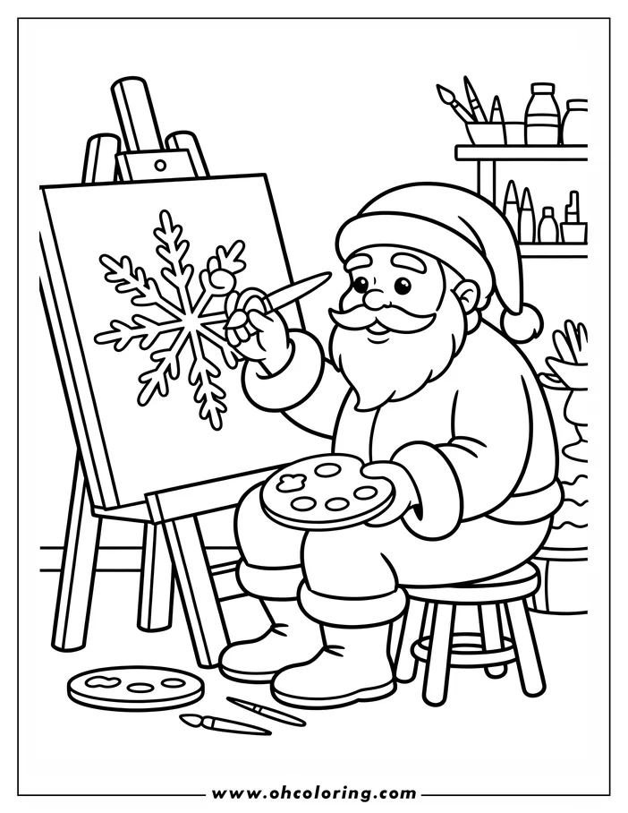 Santa Claus, with his signature beard and hat, paints a snowflake on an easel. A palette and art supplies suggest a festive art studio setting.