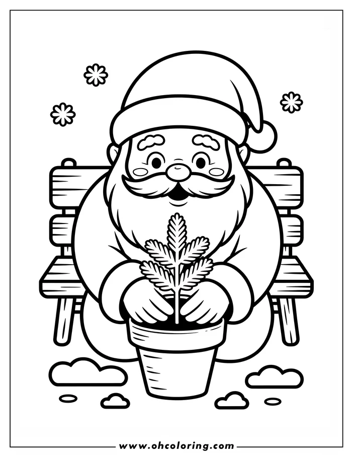 Line art of Santa Claus sitting on a bench, holding a small potted evergreen tree. Snowflakes and clouds are visible around him.