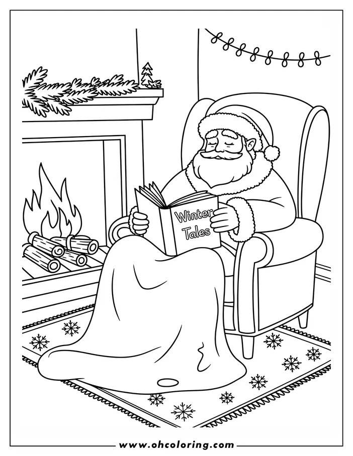 Santa Claus, relaxed in an armchair by a lit fireplace, reads a book of Winter Tales, covered by a blanket.
