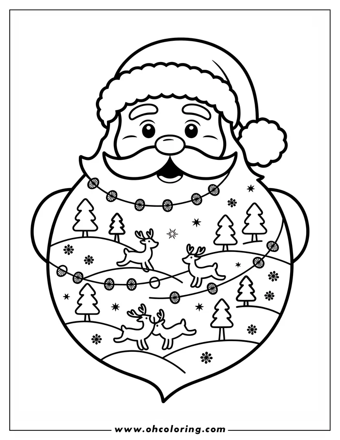 Line art of Santa Claus with a festive coat featuring reindeer, Christmas trees, and snowflakes.