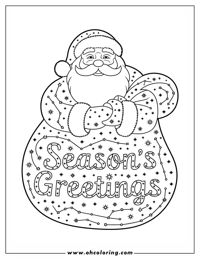 Line art of Santa Claus with "Season's Greetings" written on his belly. He wears a hat and jacket with furry trim and has a large beard and mustache.