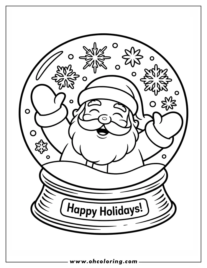 Line art of Santa Claus inside a snow globe with snowflakes.  The base of the snow globe reads 'Happy Holidays!'