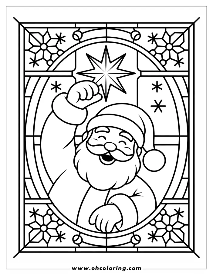 Santa Claus holding a Christmas star in a stained-glass style frame.