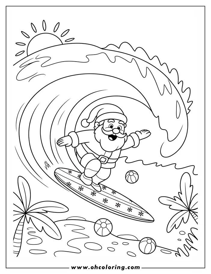 Santa Claus surfing a wave on a surfboard decorated with snowflakes. He is at the beach, with beach balls, palm trees, and a shining sun.