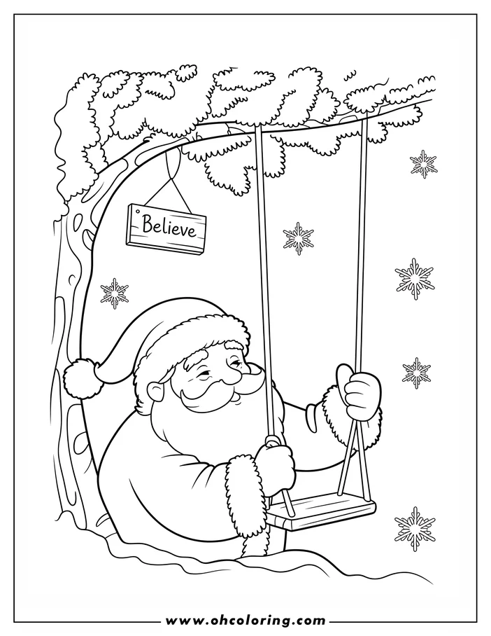 Line art of Santa Claus sitting on a swing hanging from a tree branch, with snowflakes around him and a 'Believe' sign.