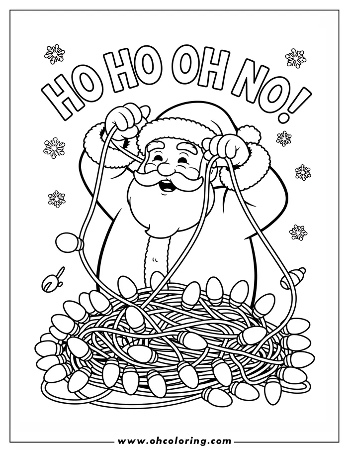 Line art of Santa Claus with a large tangle of Christmas lights.  He wears a Santa hat and suit with fur trim, and he looks happy despite the tangled lights.