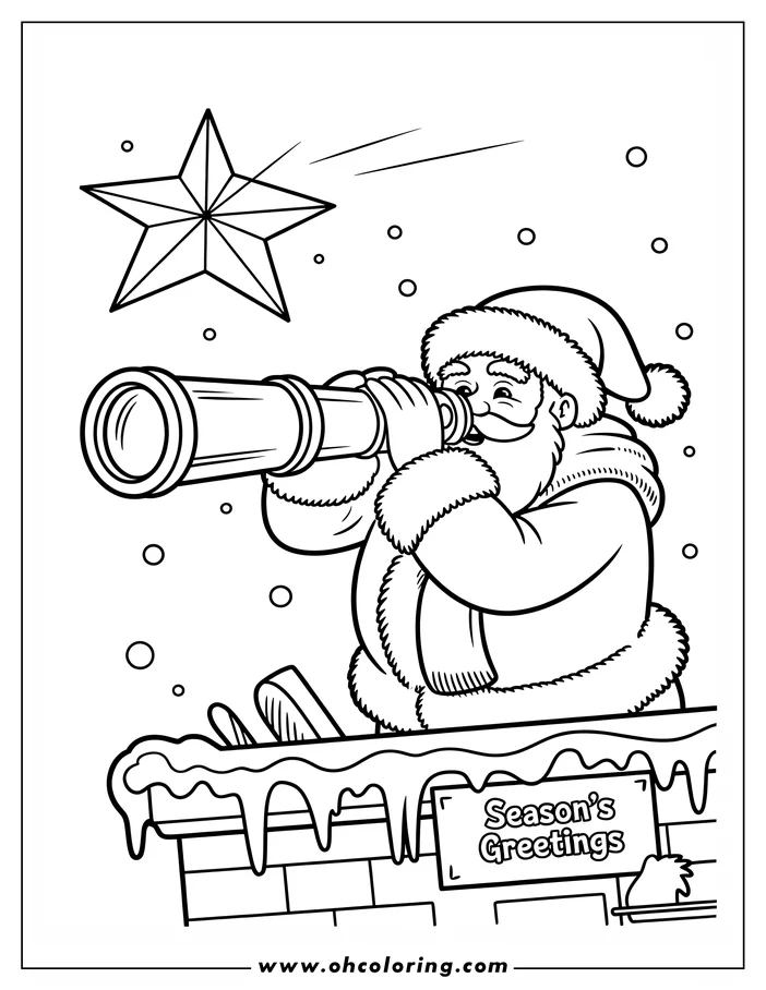 Santa Claus on a rooftop, looking through a telescope at a star.  A "Season's Greetings" sign is on the chimney.