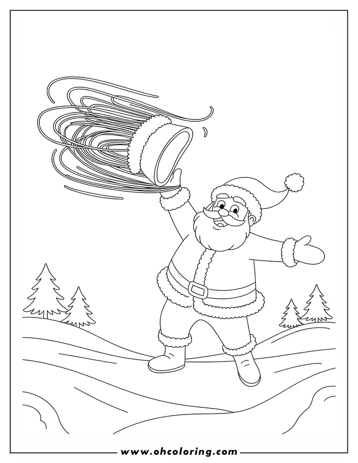 Line art of Santa Claus throwing a bag overflowing with presents, set against a snowy landscape with small trees.