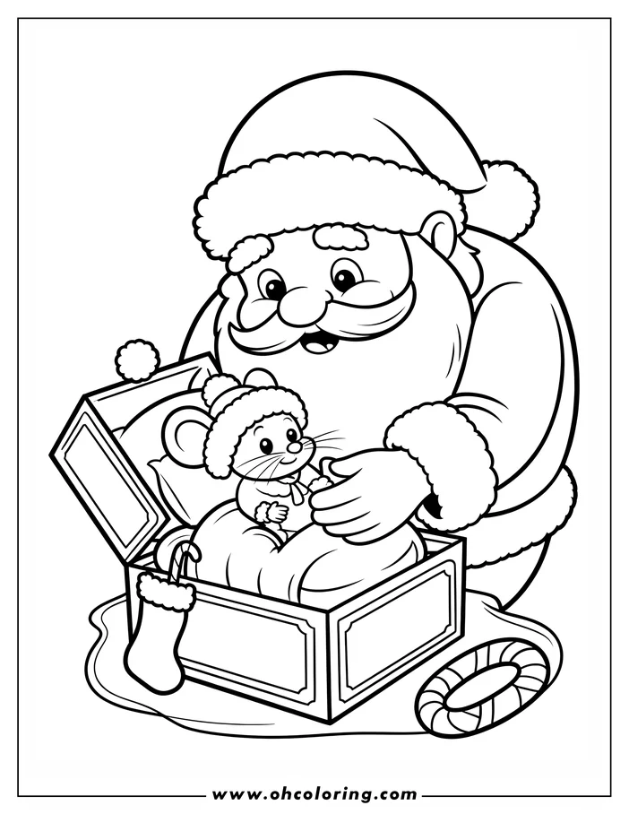 Line art of Santa Claus placing a toy mouse in a chest with a Christmas stocking and candy cane nearby.