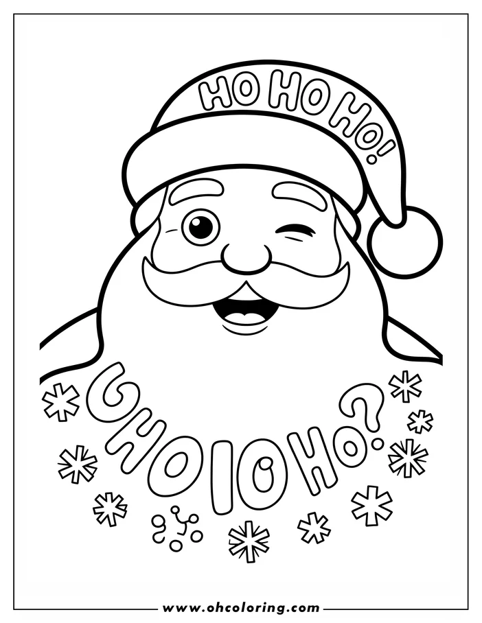 Line art of Santa Claus winking with Ho Ho Ho above him and snowflakes surrounding his beard.