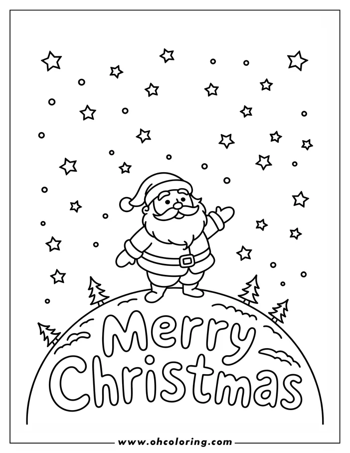 Santa Claus standing on a hilltop with the words Merry Christmas written below, surrounded by stars and snow.