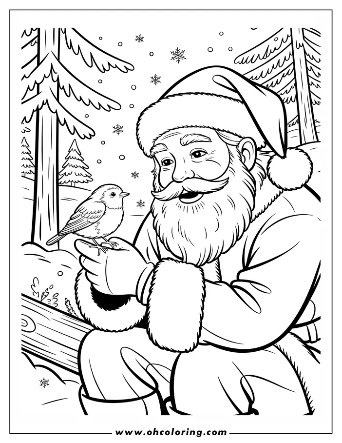 Santa Claus with a bird perched on his gloved hand in a snowy forest setting.