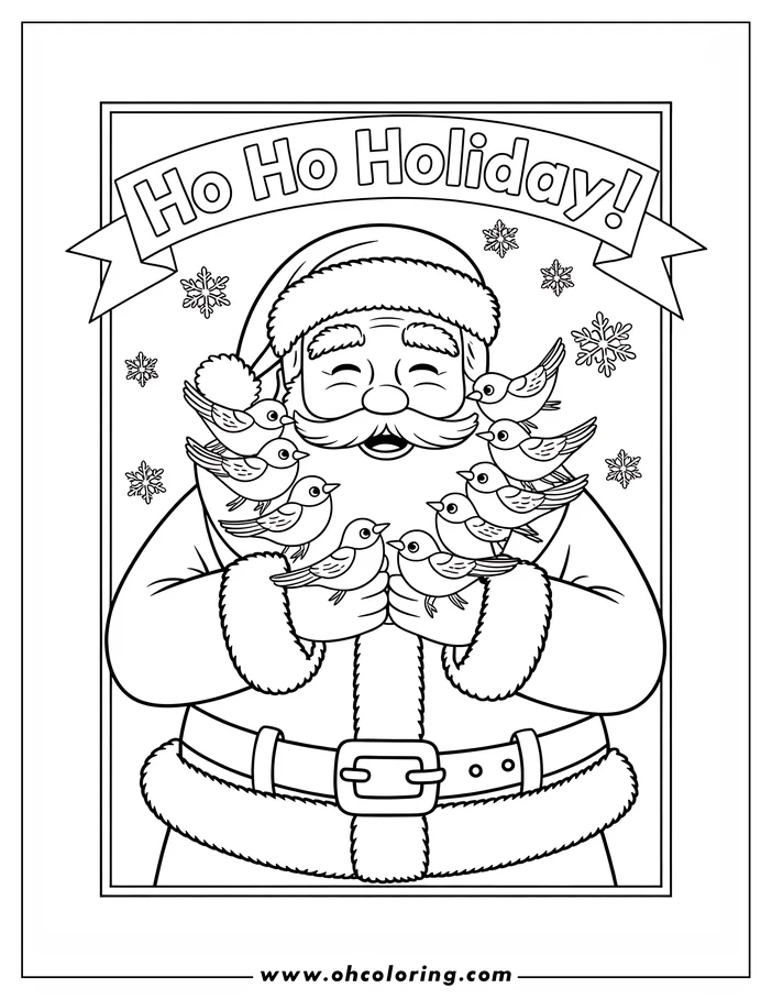 Santa Claus holding a group of small birds, surrounded by snowflakes.