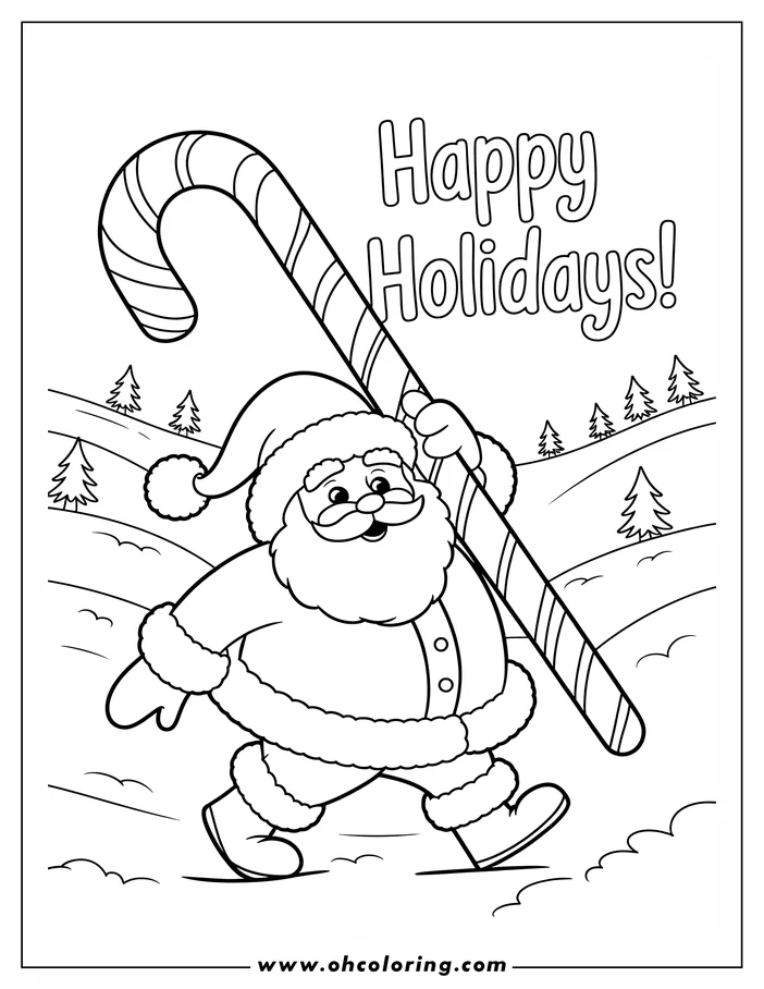 Santa Claus walking with a large candy cane. He wears his signature suit, and trees are visible on the snowy hills behind him.