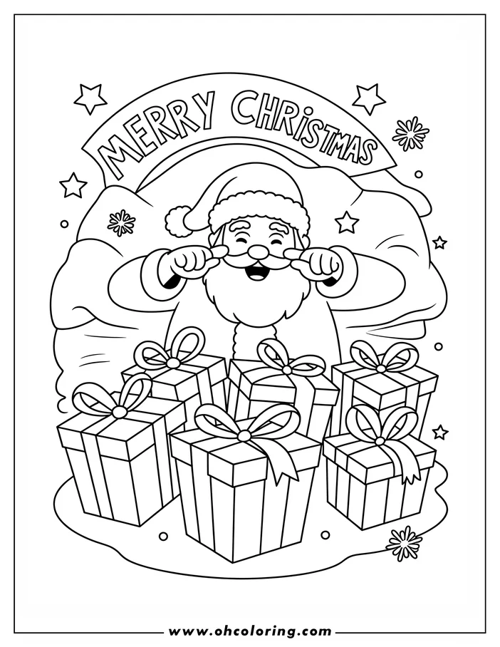 Line art of Santa Claus with gifts. He holds the tips of his mustache with a playful expression. A banner overhead says "Merry Christmas."