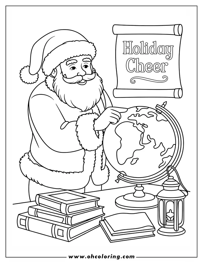 Santa Claus pointing at a globe, with books and a Holiday Cheer sign nearby.