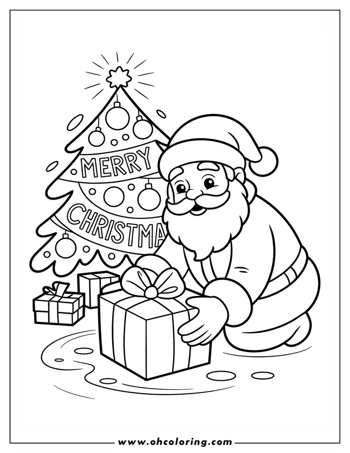 Santa Claus kneeling with Christmas presents near a decorated tree.