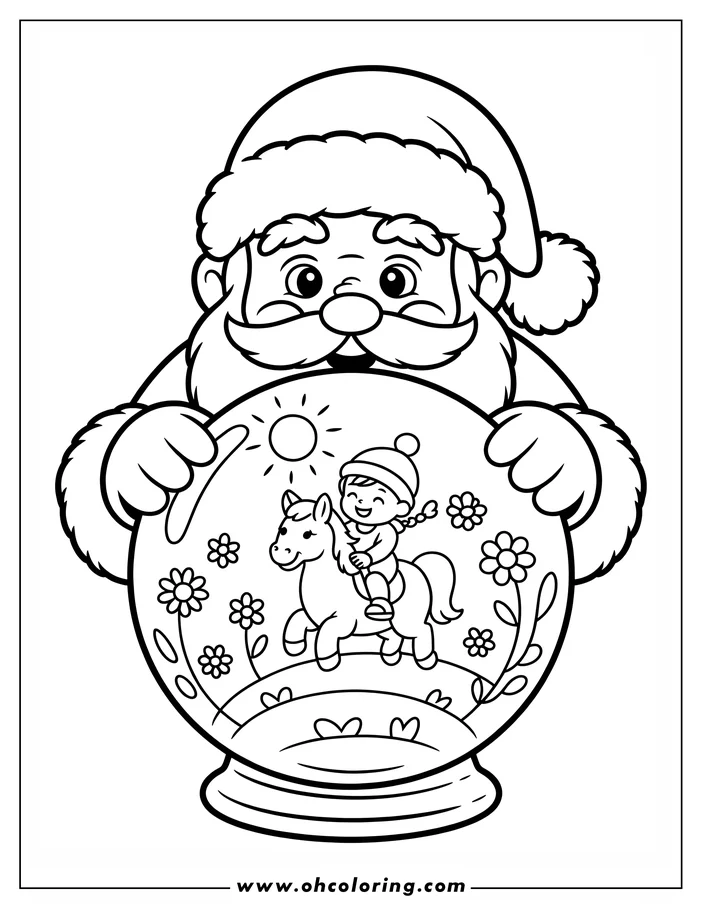 Line art of Santa Claus holding a snow globe. Inside, a child rides a pony in a flower-filled scene.