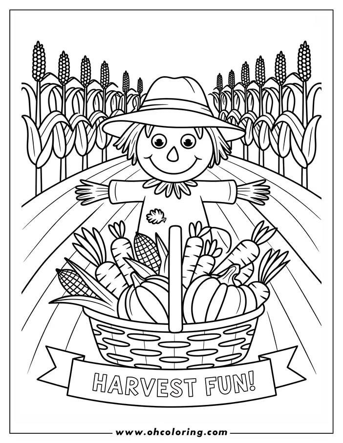 Line art of a scarecrow in a cornfield holding a basket brimming with harvest vegetables like corn, carrots, and pumpkins.