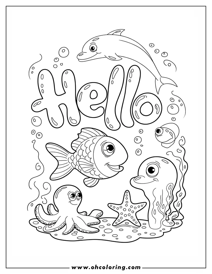 Line art of a dolphin, fish, octopus, eel, and starfish arranged around the word "Hello" with bubbles surrounding them in this underwater scene.