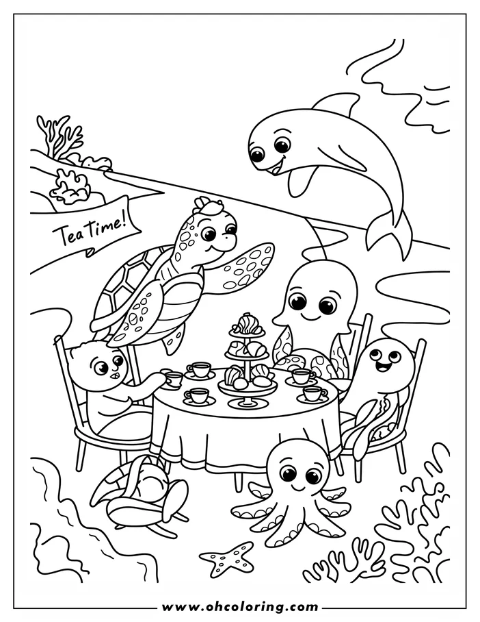 Line art of a sea turtle, two octopi, a cat, and a dolphin having tea time by the ocean.