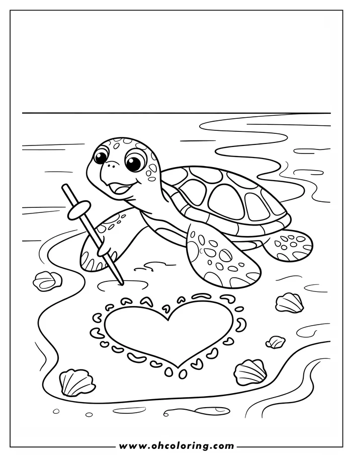 Line art of a sea turtle drawing a heart shape in the sand with a stick, surrounded by small shells.