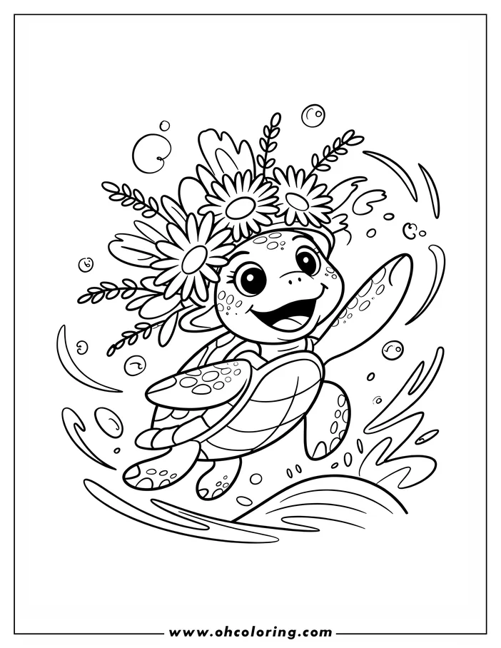 Line art of a cheerful cartoon sea turtle swimming with a crown of flowers on its head. Bubbles float around the turtle as it swims through water.