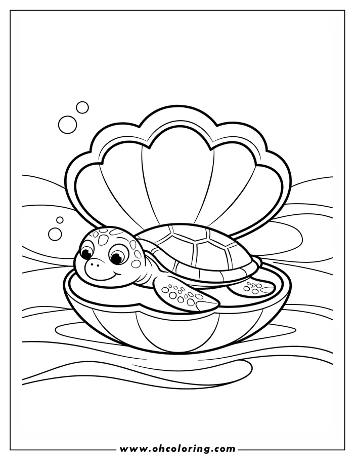 Outline of a sea turtle inside a seashell, with bubbles floating around. This is a simple and friendly cartoon-style drawing.