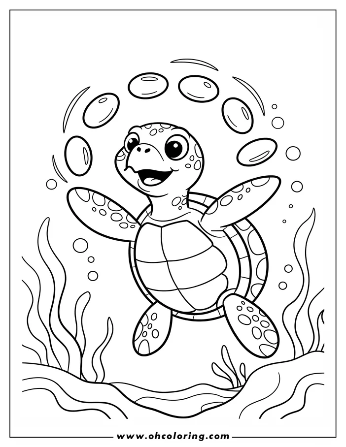 Line art of a sea turtle juggling bubbles underwater. Seaweed is visible on the seabed.